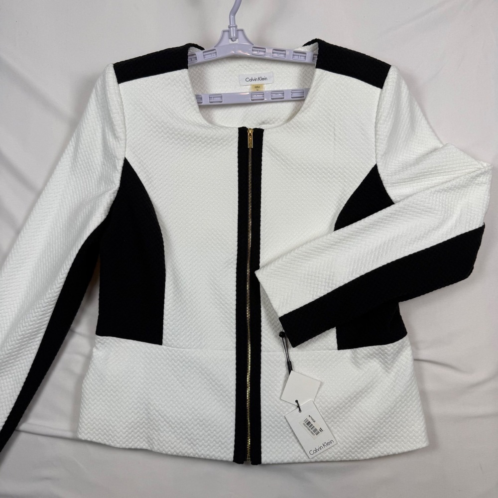Calvin Klein Womens Colorblock Zip Textured Blazer Jacket White Black 14 NWT